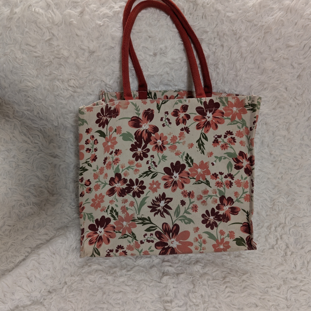 Red and Cream Floral Tote Bag with Sturdy Handles